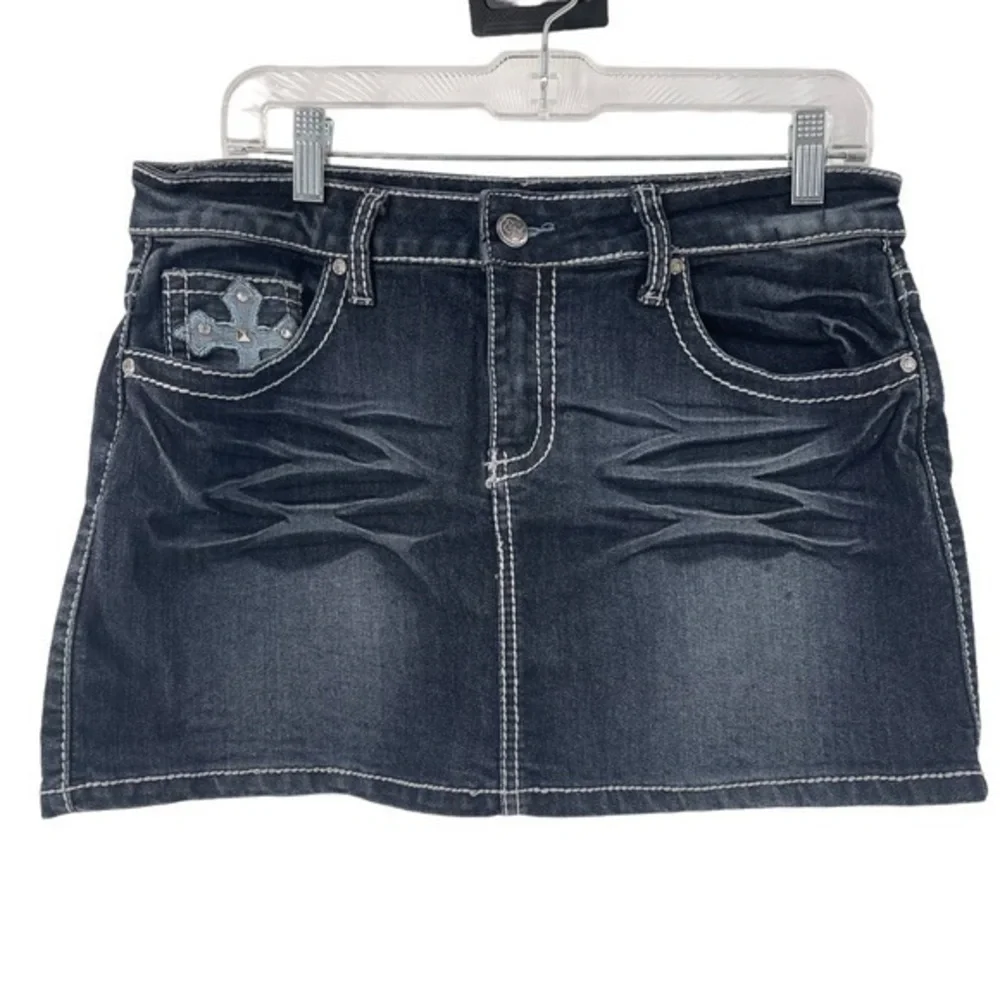 Earl Jeans Dark Wash Denim Skirt With Rhinestones on the Pockets and Buttons